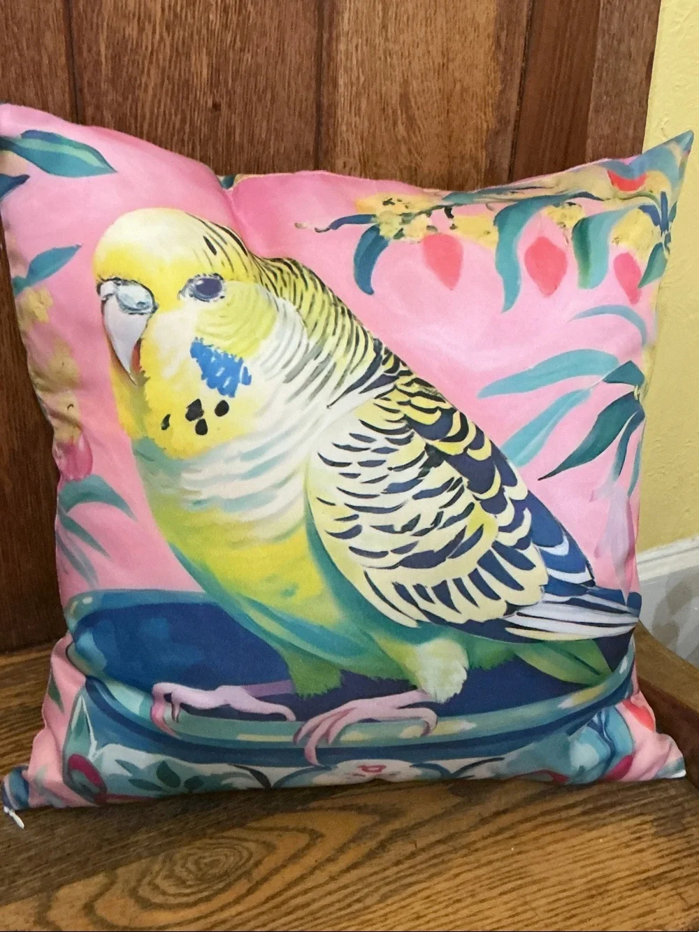 Decorative Budgie Throw Pillow - Pink and Yellow